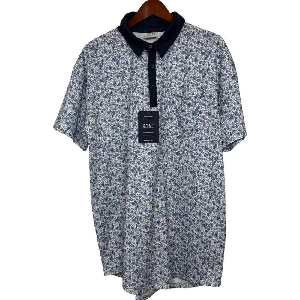 BYLT Premium Basics Mens Printed Polo Shirt Blue White Floral XXL NWT